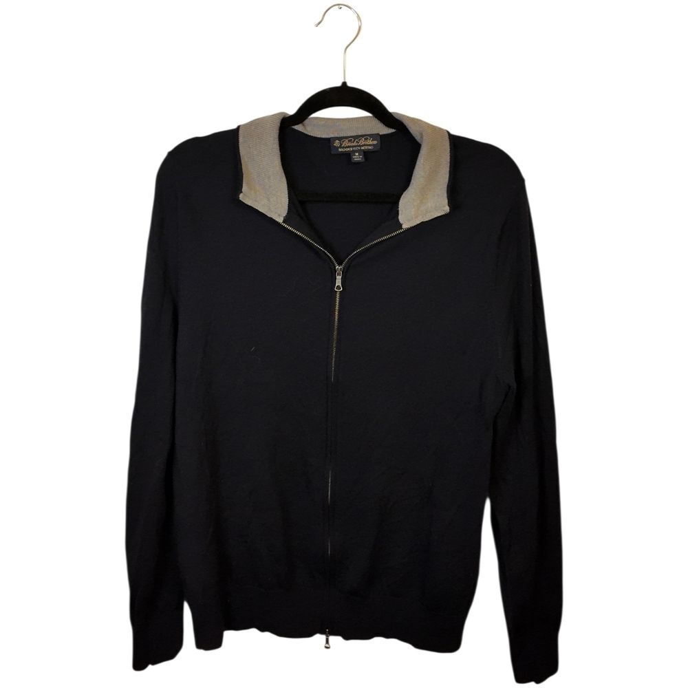 Brooks Brothers Black Zip-Up Sweater with Gray Collar 100% Merino Wool Size M